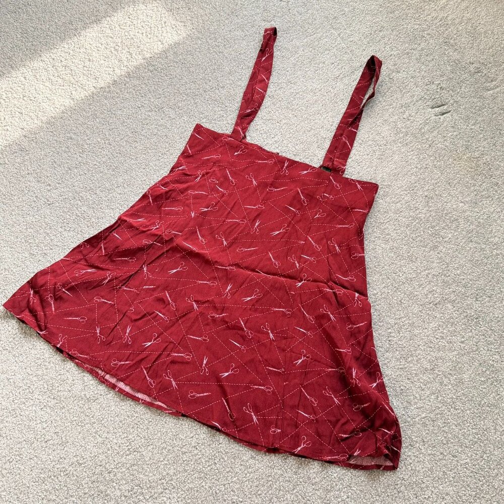 / ModCloth Jumper Skirt with Suspenders Scissor Print Flowy Summer NWT LARGE